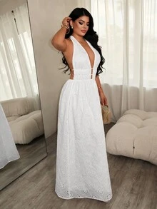 SHEIN SXY 女款素色掛脖綁背露背休閒派對洋裝 - 白色 - 查看 6