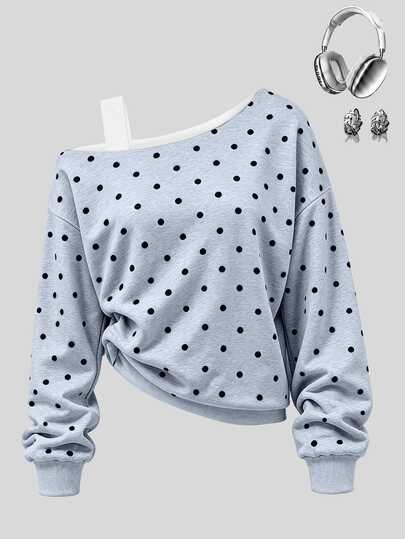 Tween Girls Asymmetrical Shoulder Grey Sweatshirt Top With Polka Dot And Black Distant Dot Pattern, Comfortable Casual Streetwear, American Retro Campus Style, Suitable For Spring, Autumn, Winter, Back To School, Christmas, Halloween, Valentine's Day, New Year