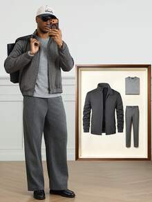HUEFORM Men's Old Money Gray Herringbone Pattern Stand Collar Zip-Up Short Jacket, Vintage Loose Drop Shoulder Commuter Casual Baseball Jacket - Grey - View 5