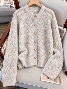 GlowEve CURVE Plus Size Women's Elegant Hollow-Out Floral Argyle Knit Cardigan Top,Autumn/Winter Fall Winter Sweater Fall Winter 2026 - Apricot - View 3