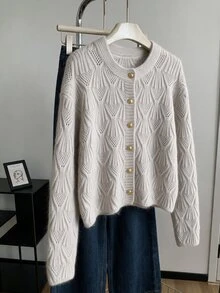 GlowEve CURVE Plus Size Women's Elegant Hollow-Out Floral Argyle Knit Cardigan Top,Autumn/Winter Fall Winter Sweater Fall Winter 2026 - Apricot - View 1