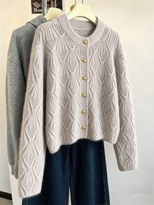 GlowEve CURVE Plus Size Women's Elegant Hollow-Out Floral Argyle Knit Cardigan Top,Autumn/Winter Fall Winter Sweater Fall Winter 2026 - Apricot - View 4