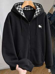 Manfinity Hypemode Best-Selling Men's Full-Zip Hoodie, Plaid Hood Lining With Pony Pattern, Streetwear Drawstring Kangaroo Pocket Sweatshirt Jacket - Multicolor - View 3