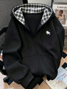 Manfinity Hypemode Best-Selling Men's Full-Zip Hoodie, Plaid Hood Lining With Pony Pattern, Streetwear Drawstring Kangaroo Pocket Sweatshirt Jacket - Multicolor - View 1