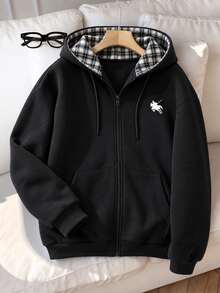 Manfinity Hypemode Best-Selling Men's Full-Zip Hoodie, Plaid Hood Lining With Pony Pattern, Streetwear Drawstring Kangaroo Pocket Sweatshirt Jacket - Multicolor - View 2