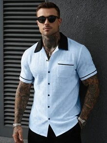 Manfinity Homme Men's Casual Pocket Single-Breasted Short Sleeve Contrast Color Shirt - Blue - View 1