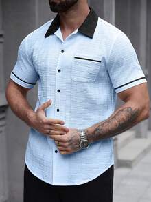 Manfinity Homme Men's Casual Pocket Single-Breasted Short Sleeve Contrast Color Shirt - Blue - View 5