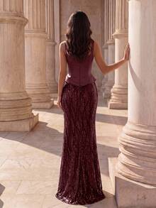 Coutiva Women's Sequin Fishbone Handmade Beaded Knit Fabric Slim Fit Extra Long Evening Dress - Burgundy - View 2