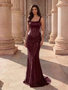 Coutiva Women's Sequin Fishbone Handmade Beaded Knit Fabric Slim Fit Extra Long Evening Dress - Burgundy - View 3