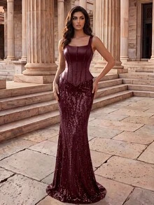 Coutiva Women's Sequin Fishbone Handmade Beaded Knit Fabric Slim Fit Extra Long Evening Dress - Burgundy - View 4