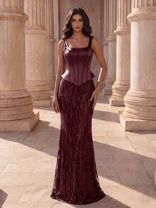 Coutiva Women's Sequin Fishbone Handmade Beaded Knit Fabric Slim Fit Extra Long Evening Dress - Burgundy - View 5