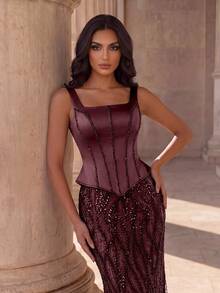 Coutiva Women's Sequin Fishbone Handmade Beaded Knit Fabric Slim Fit Extra Long Evening Dress - Burgundy - View 1