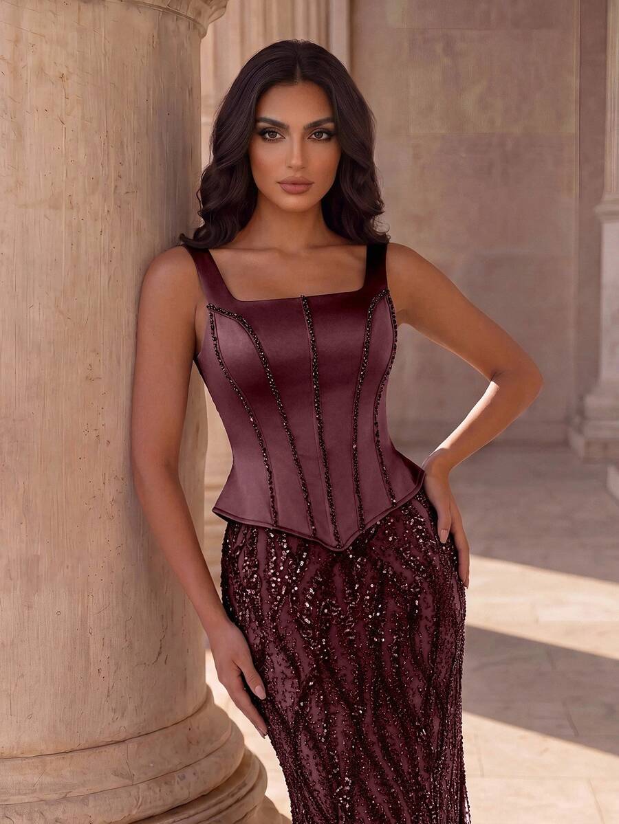 Coutiva Women's Sequin Fishbone Handmade Beaded Knit Fabric Slim Fit Extra Long Evening Dress - Burgundy - View 1