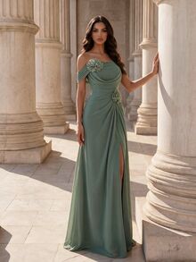 Coutiva Women's 3D Floral Decor Off-Shoulder Elegant Formal Formal Wedding Ninang Vow Evening Gown (Heavy Craftsmanship Style) Wedding Sage Green Winter - Green - View 7