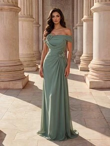 Coutiva Women's 3D Floral Decor Off-Shoulder Elegant Formal Formal Wedding Ninang Vow Evening Gown (Heavy Craftsmanship Style) Wedding Sage Green Winter - Green - View 5