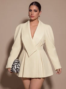 SHEIN BAE CURVE Plus Size Women's Solid Color Shawl Collar Long Sleeve Fashion Blazer, Solid Color Casual Commute Blazer Jacket,Wedding Guest Outfit,Formal Event , - Apricot - View 10