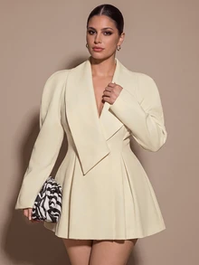 SHEIN BAE CURVE Plus Size Women's Solid Color Shawl Collar Long Sleeve Fashion Blazer, Solid Color Casual Commute Blazer Jacket,Wedding Guest Outfit,Formal Event , - Apricot - View 8