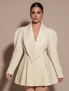 SHEIN BAE CURVE Plus Size Women's Solid Color Shawl Collar Long Sleeve Fashion Blazer, Solid Color Casual Commute Blazer Jacket,Wedding Guest Outfit,Formal Event , - Apricot - View 3