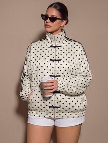 SHEIN BAE CURVE Jaket Pendek Wanita Ukuran Besar Motif Polkadot dengan Kancing Katak di Depan, Jaket Bomber Wanita Motif Polkadot dengan Resleting dan Kancing Katak Cina untuk Musim Gugur - MultiWarna - View 8