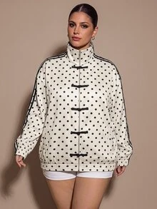 SHEIN BAE CURVE Jaket Pendek Wanita Ukuran Besar Motif Polkadot dengan Kancing Katak di Depan, Jaket Bomber Wanita Motif Polkadot dengan Resleting dan Kancing Katak Cina untuk Musim Gugur - MultiWarna - View 4