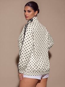 SHEIN BAE CURVE Jaket Pendek Wanita Ukuran Besar Motif Polkadot dengan Kancing Katak di Depan, Jaket Bomber Wanita Motif Polkadot dengan Resleting dan Kancing Katak Cina untuk Musim Gugur - MultiWarna - View 2