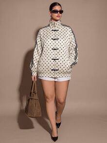 SHEIN BAE CURVE Jaket Pendek Wanita Ukuran Besar Motif Polkadot dengan Kancing Katak di Depan, Jaket Bomber Wanita Motif Polkadot dengan Resleting dan Kancing Katak Cina untuk Musim Gugur - MultiWarna - View 6