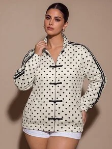 SHEIN BAE CURVE Jaket Pendek Wanita Ukuran Besar Motif Polkadot dengan Kancing Katak di Depan, Jaket Bomber Wanita Motif Polkadot dengan Resleting dan Kancing Katak Cina untuk Musim Gugur - MultiWarna - View 7
