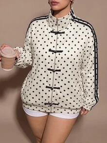 SHEIN BAE CURVE Jaket Pendek Wanita Ukuran Besar Motif Polkadot dengan Kancing Katak di Depan, Jaket Bomber Wanita Motif Polkadot dengan Resleting dan Kancing Katak Cina untuk Musim Gugur - MultiWarna - View 3