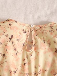 SHEIN 青少年女孩秋季休閒可愛優雅感恩節寬鬆圓領泡泡袖荷葉邊花卉印花雪紡中長蛋糕裙 派對舞會彩色洋裝 - 黃色 - 查看 7