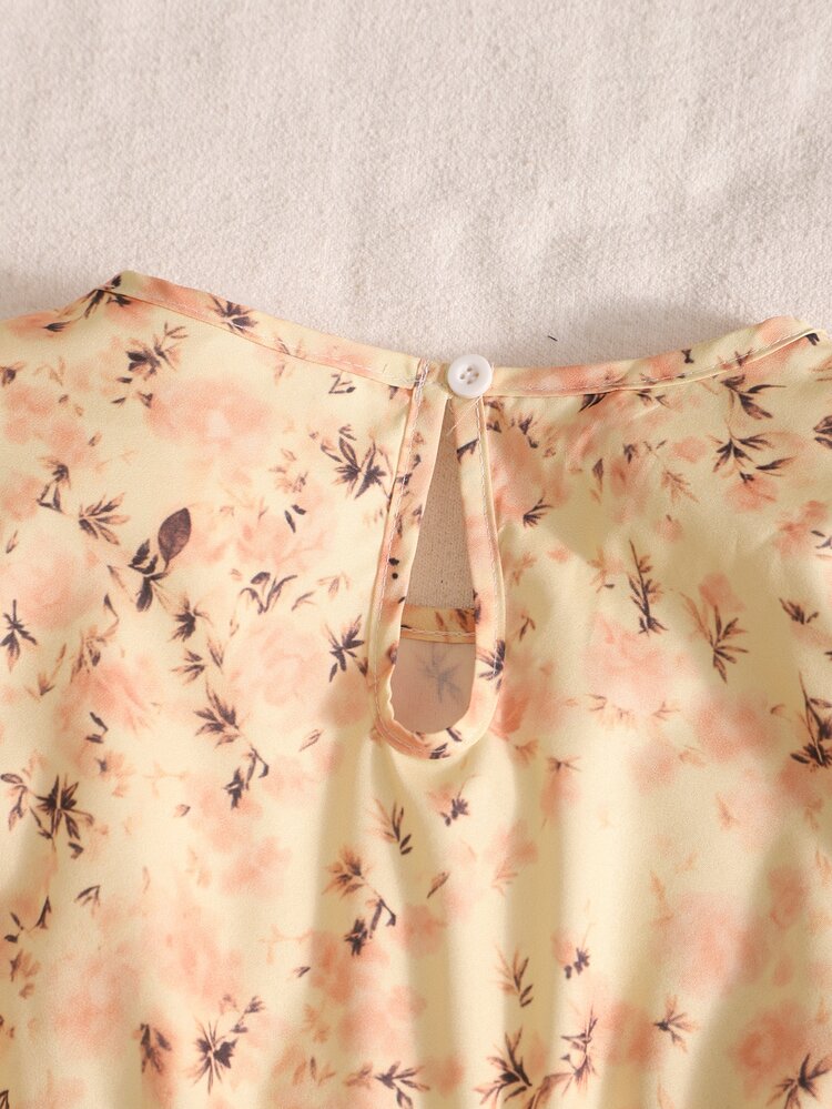 SHEIN Gaun Musim Gugur untuk Remaja Putri, Kasual Elegan, Liburan, Longgar, Leher Bulat, Lengan Mengembang, Ruffle, Motif Bunga, Chiffon, Gaun Midi, Rok Kue, Gaun Anak Perempuan Elegan... - Kuning - View 7
