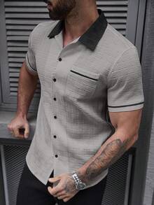 SLATEMANN Men's Casual Pocket Single-Breasted Short Sleeve Contrast Color Shirt - Grey - View 4