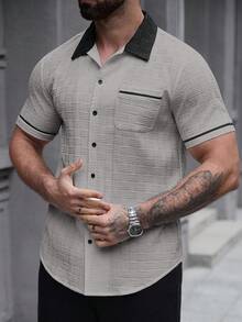 SLATEMANN Men's Casual Pocket Single-Breasted Short Sleeve Contrast Color Shirt - Grey - View 6