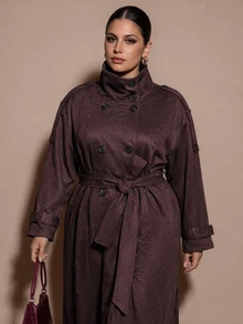 SHEIN BAE CURVE Stylish Long Dark Brown Trench Coat For Women Designed With A High Collar And Soft Fabric For Autumn Weather - Camel - View 10