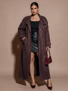 SHEIN BAE CURVE Stylish Long Dark Brown Trench Coat For Women Designed With A High Collar And Soft Fabric For Autumn Weather - Camel - View 8
