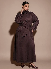SHEIN BAE CURVE Stylish Long Dark Brown Trench Coat For Women Designed With A High Collar And Soft Fabric For Autumn Weather - Camel - View 9