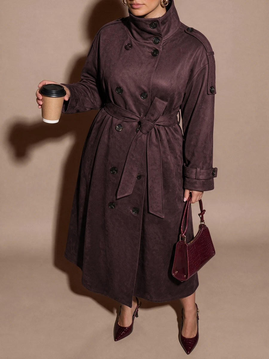SHEIN BAE CURVE Stylish Long Dark Brown Trench Coat For Women Designed With A High Collar And Soft Fabric For Autumn Weather - Camel - View 1