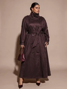 SHEIN BAE CURVE Stylish Long Dark Brown Trench Coat For Women Designed With A High Collar And Soft Fabric For Autumn Weather - Camel - View 4