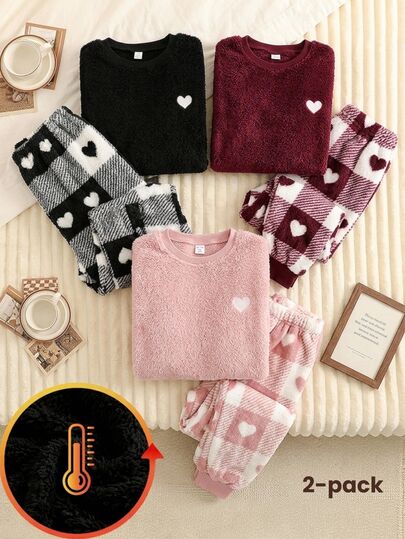 Teen Girls Pajamas Autumn/Winter New Loose Round Neck Plush Long Sleeve Small Heart Embroidery Top With Elastic Waist Checkerboard Heart Long Pants Plush Sleepwear Set 1Set
