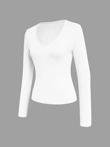 SHEIN LUNE Casual V-Neck Long Sleeve T-Shirt For Spring And Summer Fall Cloth For Women - White - View 3