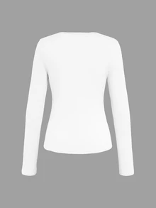 SHEIN LUNE Casual V-Neck Long Sleeve T-Shirt For Spring And Summer Fall Cloth For Women - White - View 2