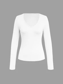 SHEIN LUNE Casual V-Neck Long Sleeve T-Shirt For Spring And Summer Fall Cloth For Women - White - View 4