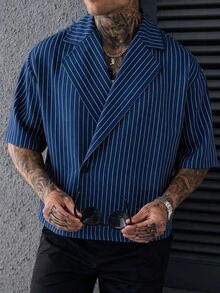 SLATEMANN Men's Striped Lapel NeckSingle Button Casual Short Sleeve Shirt - Royal Blue - View 6