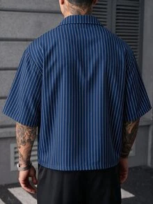 SLATEMANN Men's Striped Lapel NeckSingle Button Casual Short Sleeve Shirt - Royal Blue - View 2