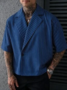 SLATEMANN Men's Striped Lapel NeckSingle Button Casual Short Sleeve Shirt - Royal Blue - View 3