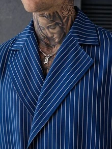 SLATEMANN Men's Striped Lapel NeckSingle Button Casual Short Sleeve Shirt - Royal Blue - View 4