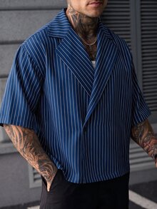 SLATEMANN Men's Striped Lapel NeckSingle Button Casual Short Sleeve Shirt - Royal Blue - View 5