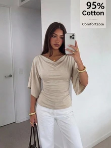 Siren Gaze T-shirt pour femme en coton à 95 % avec col dégagé et manches asymétriques, décontracté minimaliste polyvalent au quotidien, tenue de rendez-vous et sortie, vêtements d'automne pour femme, tenue d'automne, tenue de trajet pour femme, Top polyvalent, tenue de sortie, tenue d'aéroport - Blanc - Voir 5