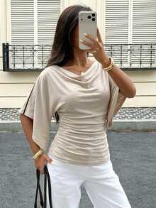 Siren Gaze T-shirt pour femme en coton à 95 % avec col dégagé et manches asymétriques, décontracté minimaliste polyvalent au quotidien, tenue de rendez-vous et sortie, vêtements d'automne pour femme, tenue d'automne, tenue de trajet pour femme, Top polyvalent, tenue de sortie, tenue d'aéroport - Blanc - Voir 6