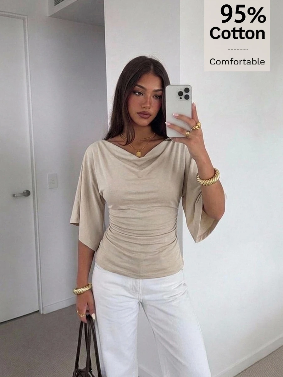 Siren Gaze T-shirt pour femme en coton à 95 % avec col dégagé et manches asymétriques, décontracté minimaliste polyvalent au quotidien, tenue de rendez-vous et sortie, vêtements d'automne pour femme, tenue d'automne, tenue de trajet pour femme, Top polyvalent, tenue de sortie, tenue d'aéroport - Blanc - Voir 1