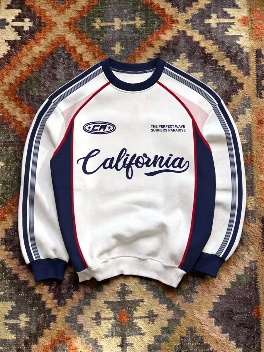 Aesthetic Post Men's Letter Graphic Colorblock Sweatshirt, Striped Raglan Sleeve Crew Neck Pullover For Casual Streetwear, Daily Wear And Weekend Outings - Multicolor - View 1